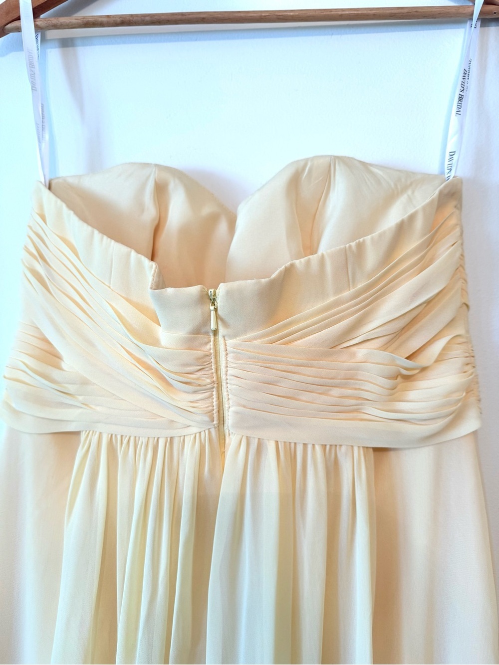 DAVID’S BRIDAL Strapless Pale Yellow Chiffon Gown Bridesmaid Dress - Picture 4 of 6
